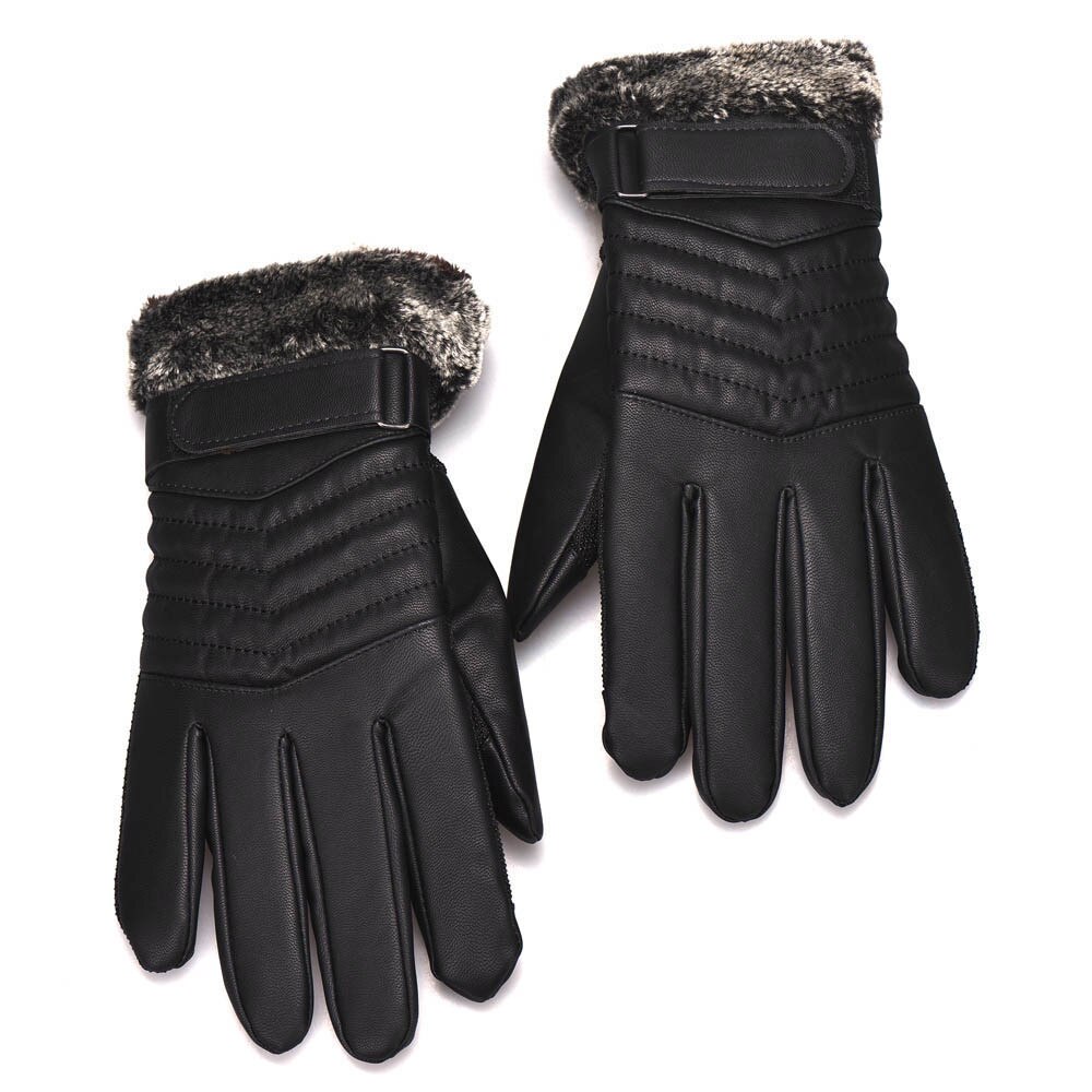 PU Leather Fur Gloves For Men Winter Autumn Warm Thermal Wool Fleece Snow Mittens Outdoor Five Finger Touch Screen Wrist Gloves