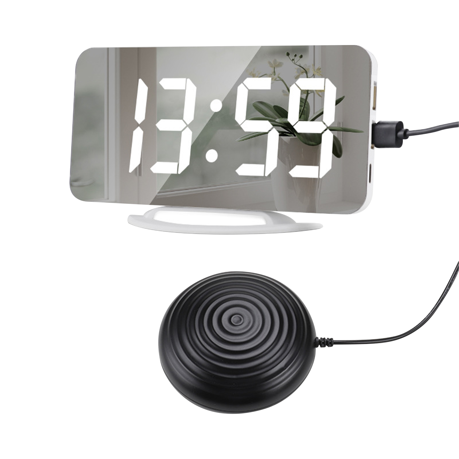 2 USB Ports Loud Digital Alarm Clock Heavy Sleeper Vibrating LED Mirror Home Office Adjustable Brightness With Bed Shaker
