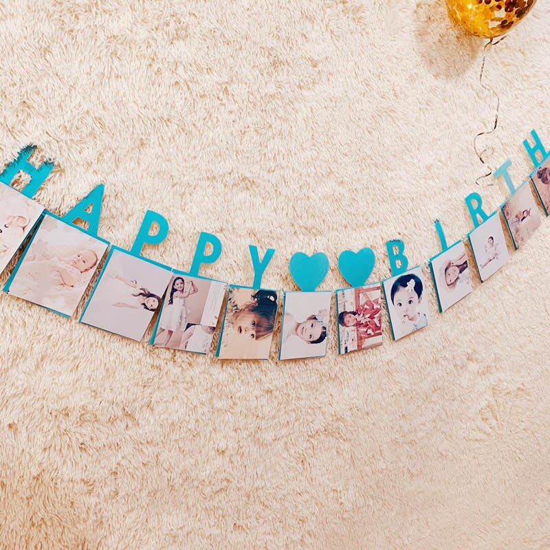 Happy Birthday Photo Frame Banner First Party Decorations 1st Baby Boy Girl My 1 One Year Paper Garland Supplies Blue 12 Months