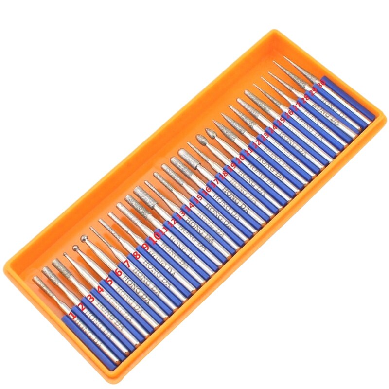 30 pièces fraise diamant meulage tête ensemble enduit sculpture bavures outil rotatif Bit grain 120 tige 3Mm 1/8 pouces pour Dremel outils Accessori