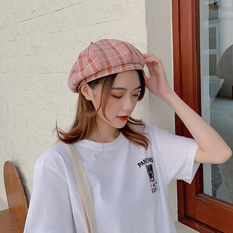 Foux baret plaid kvinder sommer sød nyhedsdreng hat maler koreansk stil fransk hårspænde damer kvindelig justerbar reb