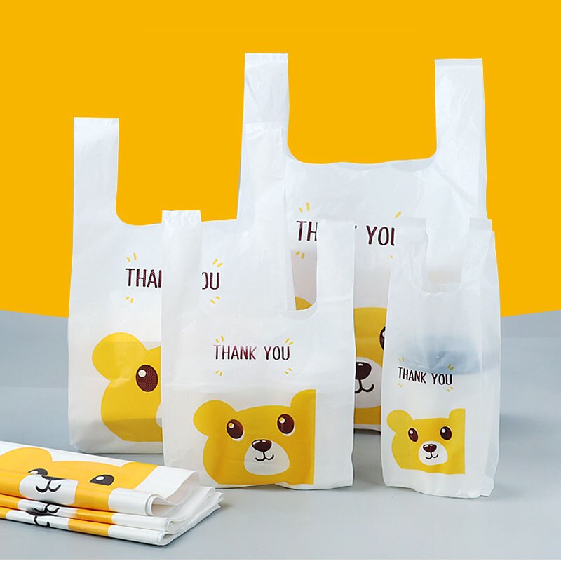 50 sztuk śliczne niedźwiedź plastikowa torba z uchwytami magazyn materiałów piśmienniczych torby dziękuję plastikowe prezent torba koperta poczta torby przewozowe