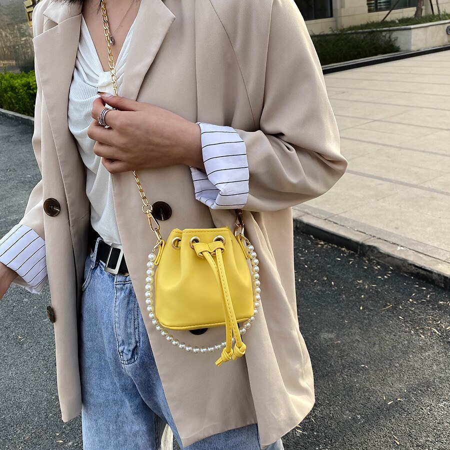 Dames mini emmertas parel handtas pu leer effen kleur ketting schoudertassen kleine schattige dames crossbody handtas