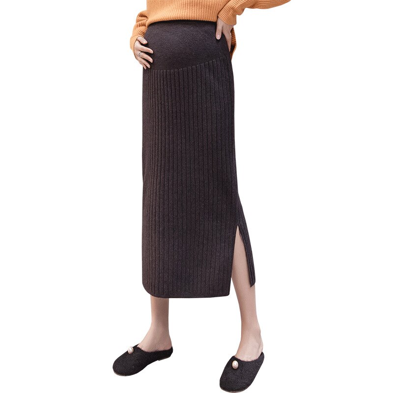 Gonne premaman New Fashion gonna a metà polpaccio autunnale lavorata a maglia coreana con spacchi laterali gonne a pancia a vita alta per donne incinte