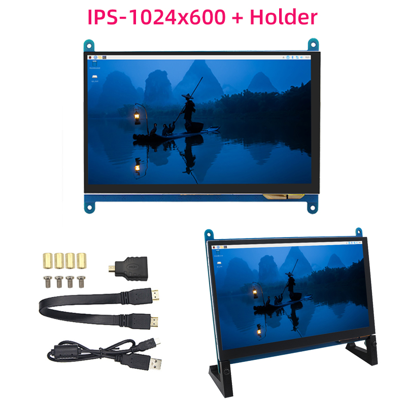Pantalla táctil de 7 pulgadas, pantalla portátil IPS de 1024x600 para Raspberry Pi 5 4B 3B + 3B Zero, Monitor escecondario compatible con HDMI para PC: Negro