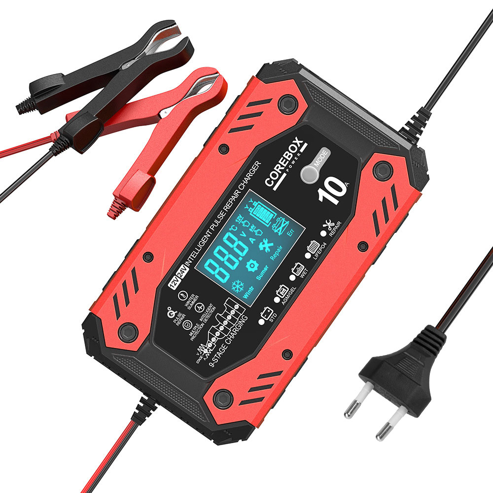 AGM Automotive Battery Charger Car and Motorcycle Battery Charging Devices 12V 10A Intelligent Maintenance of Lead Acid Battery: Dark Grey