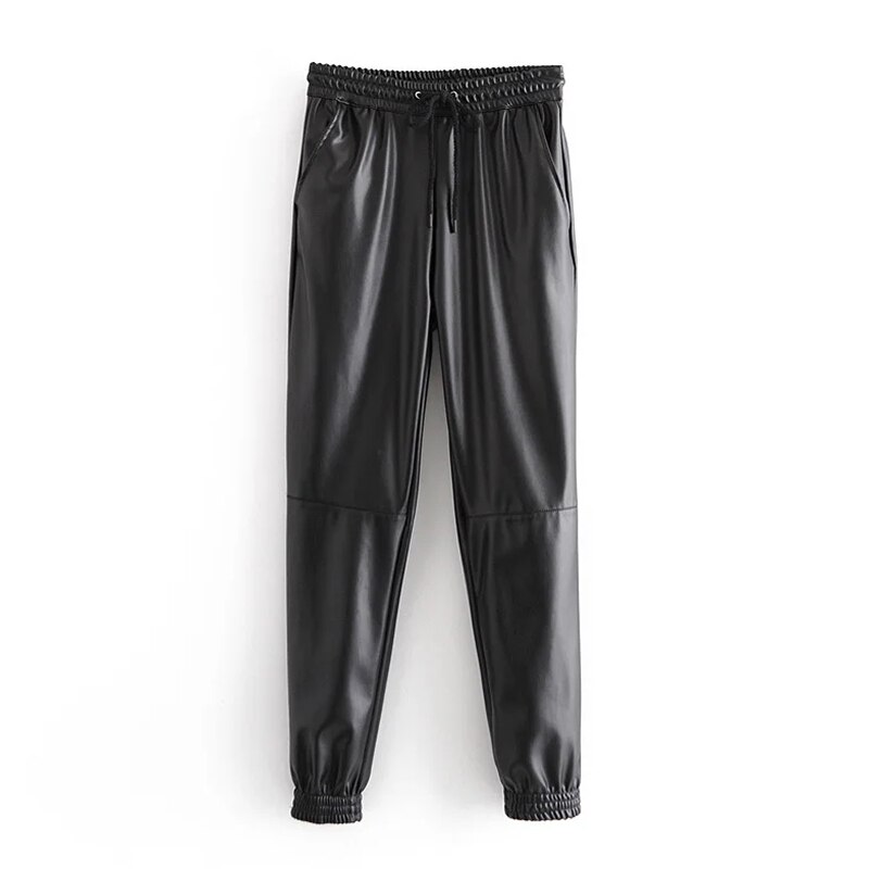 Aachoae dames lange pu leren broek met trekkoord, sportieve stijl, lange joggingbroek voor dames, baggy casual kokerbroek, damesbroek: Zwart / Ik