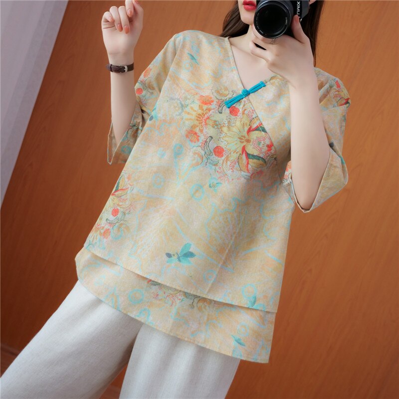 2022 chinese traditional top v neck floral printing cotton and linen qipao collar loose hanfu top tang suit: color2 / L