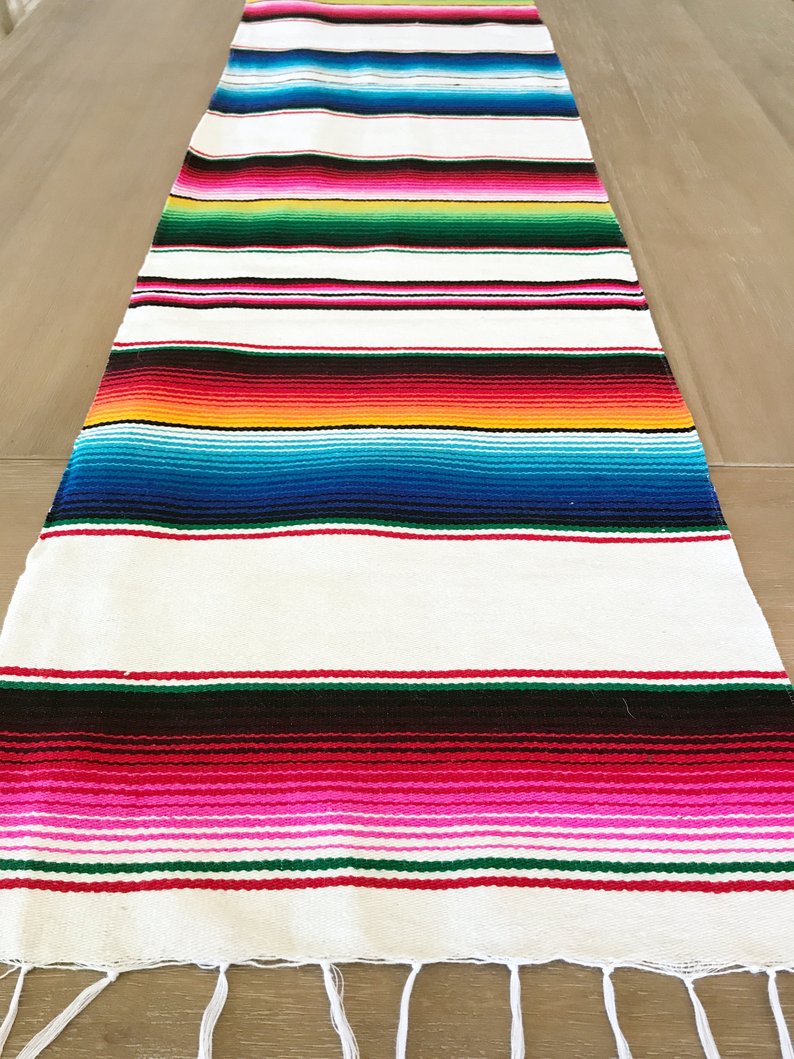 Regenbogen Tabelle Läufer Streifen Tabelle Läufer mit Quaste Mexikaner Tischdecke Pro Hochzeit Party Baumwolle Tischdecke Flagge 35x213cm: 150x200cm / Weiß