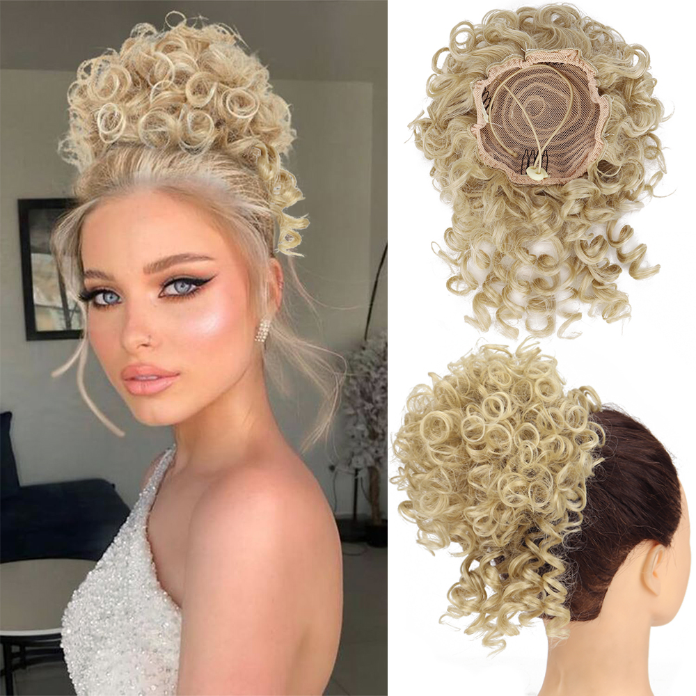 Coque de cabelo bagunçado, peça de cabelo com cordão elástico, onda solta, grande coque encaracolado, 60 gramas, extensão de rabo de cavalo sintético curto para mulheres: P2/613