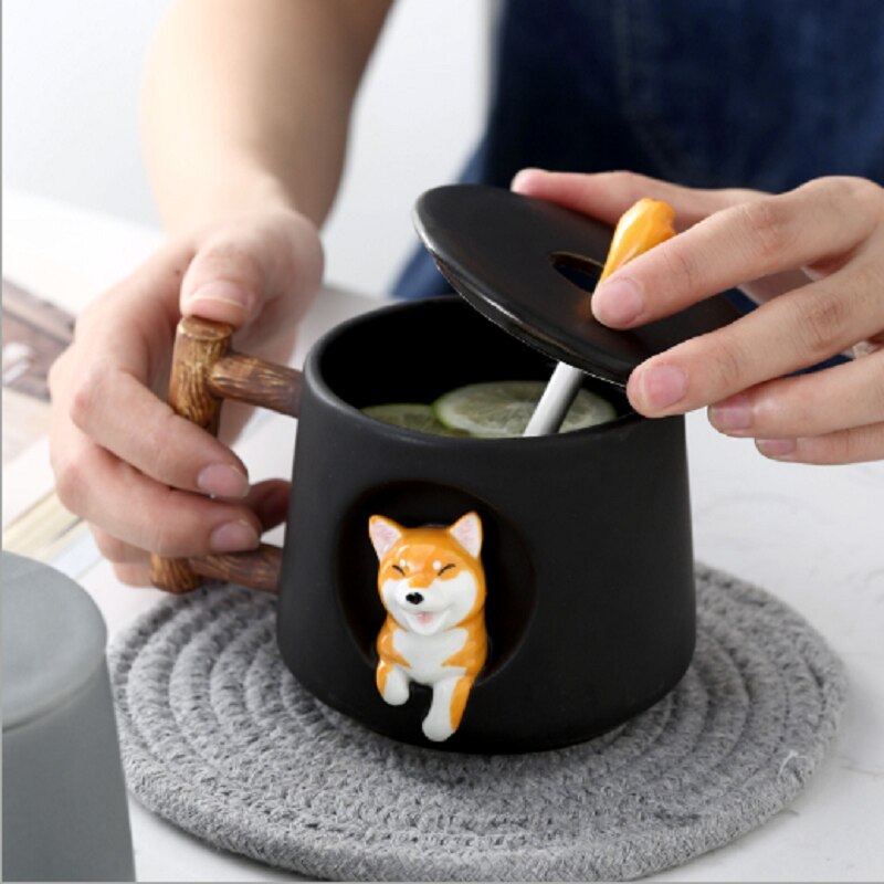 Cartoon Ceramic Mug Cute 3D Shiba Inu Dog Spoon Milk Tea Coffee Cup