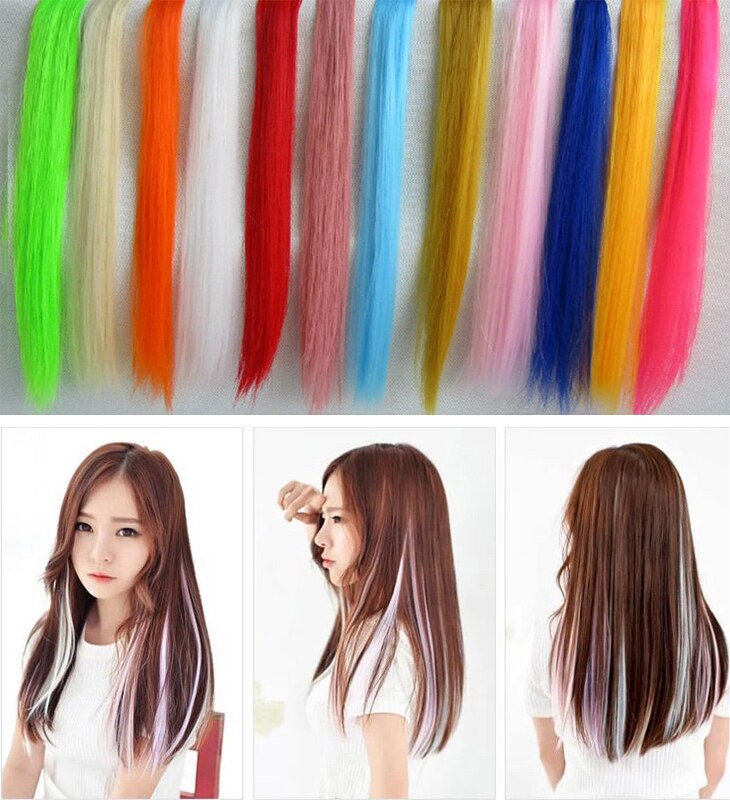 55cm Pruik stuk Gekleurde Highlight Synthetische Hair Extensions Clip In 1PC Kleurrijke Strips Lange Steil Haar Stuk Voor vrouwen Meisje