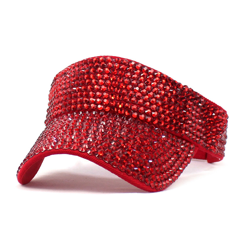 Summer Cotton Color Rhinestone Visors Adjustable Sun Protection Cap For Men and Women 05: Red