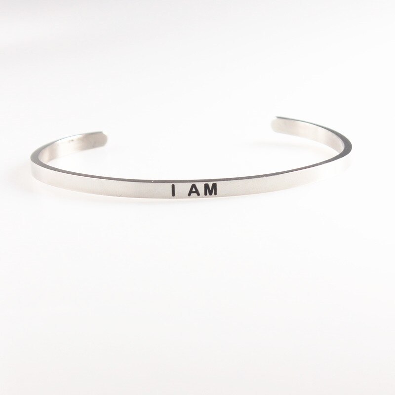 BE HERE NOW Stamped Stainless Steel Bangles Open Cuff Bracelets Women Men Mantra Bracelet Inspirational Jewelry No FADE: I AM
