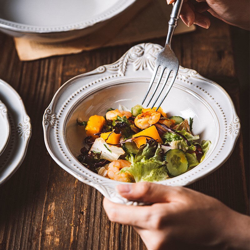 European Style Flat Plate Western Steak Plate Embossed Dinnerware Set Christmas Salad Bowl Pure White Tray Bone China Dinner Set