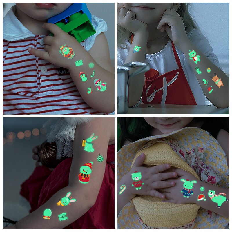 Skinnende lysende tatoveringer klistermærker lyser i mørket børns midlertidige tatoveringer børn julefluorescerende vandtæt sødt klistermærke