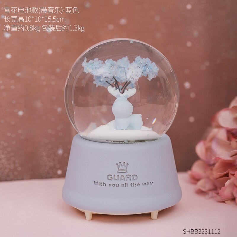 Crystal Ball Cute LED Lamp Spin Music Box deer Snowing snowflake Christmas birthday Home Decoration Accessories Ornaments: battery   B