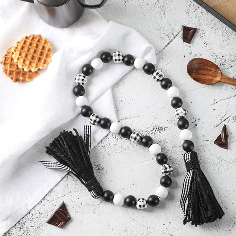 Guirlande de perles en bois avec glands, décorations de noël à plusieurs niveaux, plateau rustique, noire, perle en bois blanche avec gland à carreaux