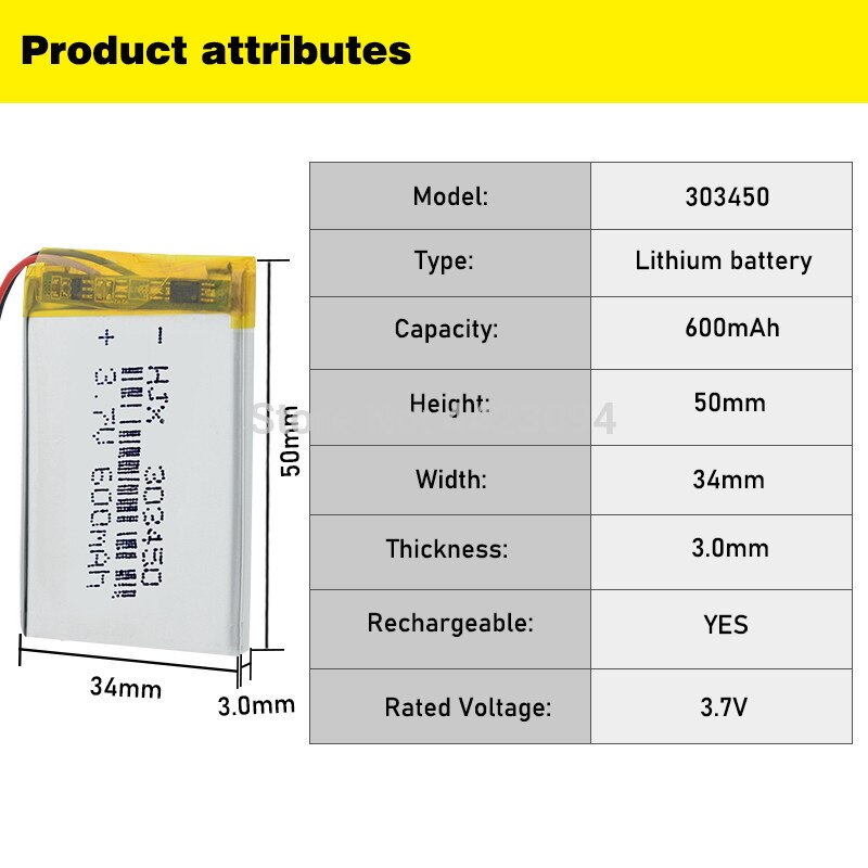 Oplaadbare 3.7V 600 Mah Batterij 303450 Lithium Polymeer Li-Po Li Ion Batterij Lipo Cellen Voor MP3 MP4 gps Elektrische Speelgoed Bt Headset