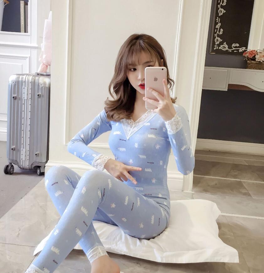 Ladies Thermal Underwear Set Winter Thermal Underwear Women Elastic Breathable Female v-neck Casual Warm Long Johns Sets