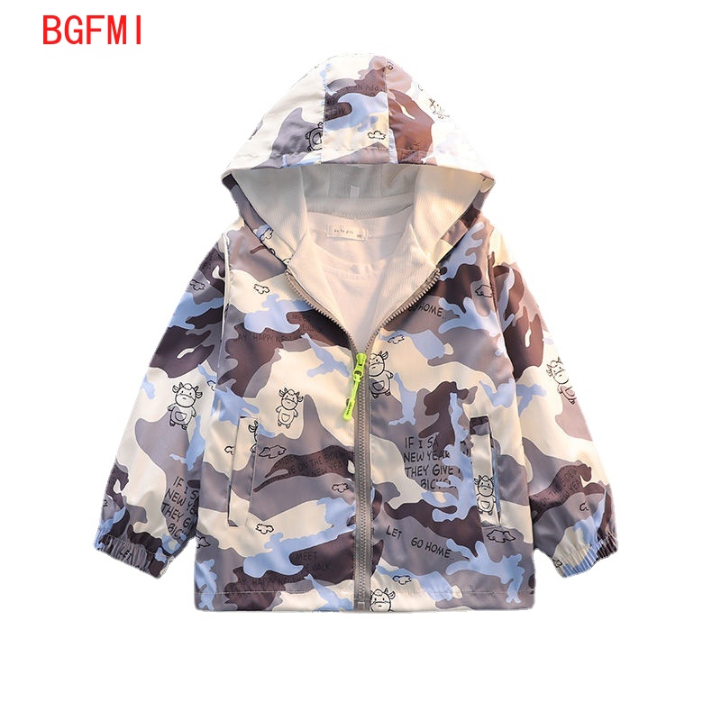 2-8T Sports Boys Spring Fall Camouflage Polyester Zipper Layer Jacket Casual Windbreaker Boy Handsome Hooded Windproof Coat