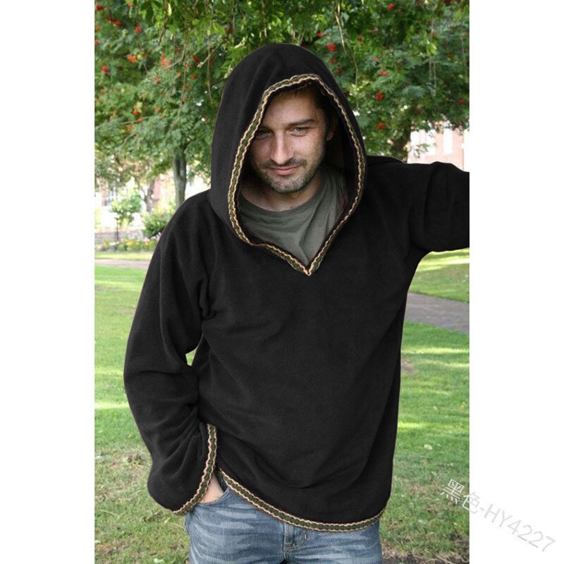 Halloween Erwachsene Männer mittelalterlich Ritter Krieger Kostüm Braun Schwarz Tunika Kleidung normannisch Ritter flechten Wikinger Pirat sächsisch Hemd: Schwarz / XL