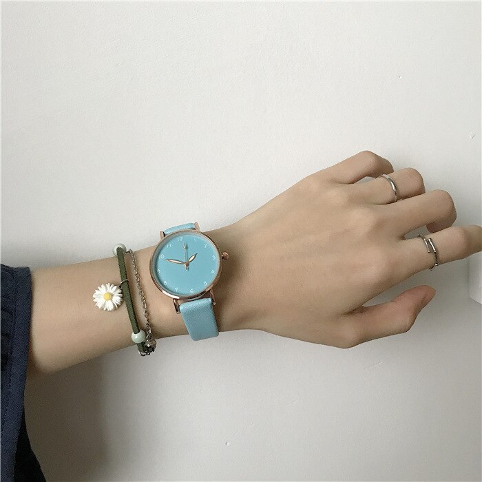 Eenvoudige Vrouwen Horloges Kwaliteiten Groen Dames Quartz Horloges Minimalistische Vrouwelijke Lederen Horloge: Blauw