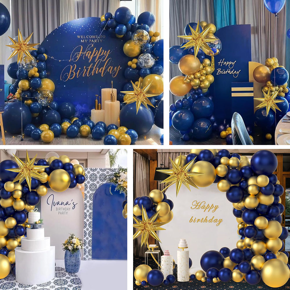 104 Uds. Kit de guirnaldas de arco de globos azul marino y dorado con globos de estrella de explosión para decoraciones de de cumpleaños de Año de boda