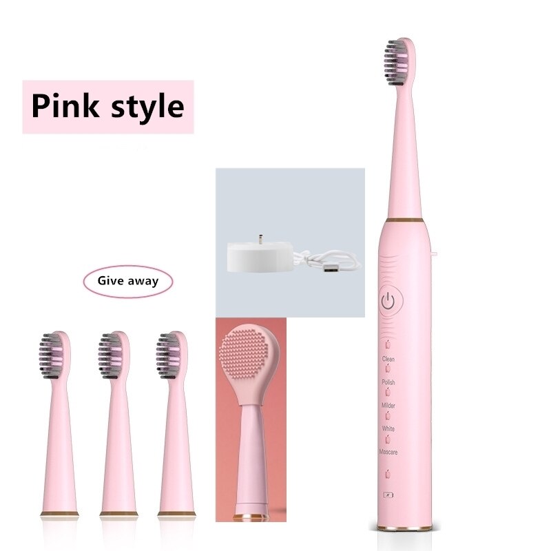 Phyopus ultrasone elektrische tandenborstel antislip snel opladen ipx 7 waterdicht 5- standen persoonlijke verzorging gezichtsborstel: Roze