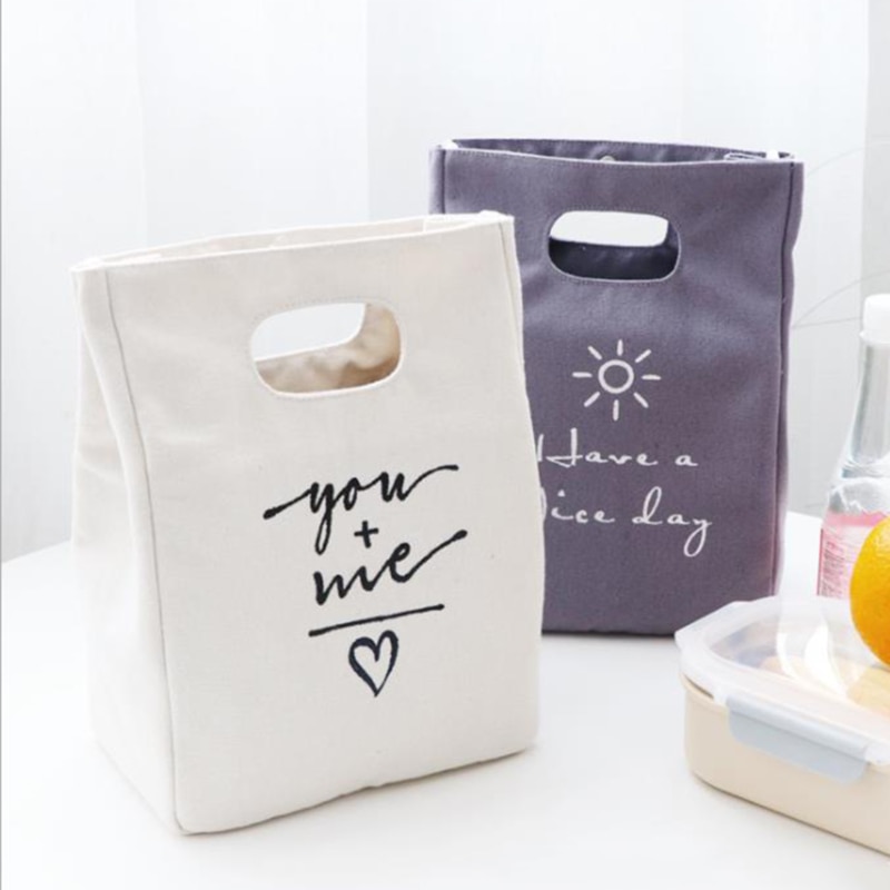 Cotton Canvas Lunch Box Insulation Bag Picnic Bag Simple Letter Type Large Capacity Multi-Purpose Cloth Bag Foods Organizer