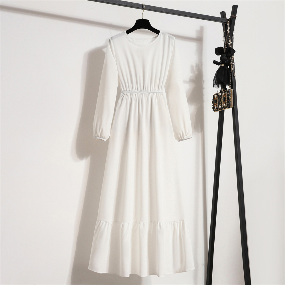 Women Long Dress Spring Autumn Mujer Vestidos Solid Full Sleeve O-neck Casual Chiffon Dresses Muslim Solid Loose Maxi Dresses: M / WHITE