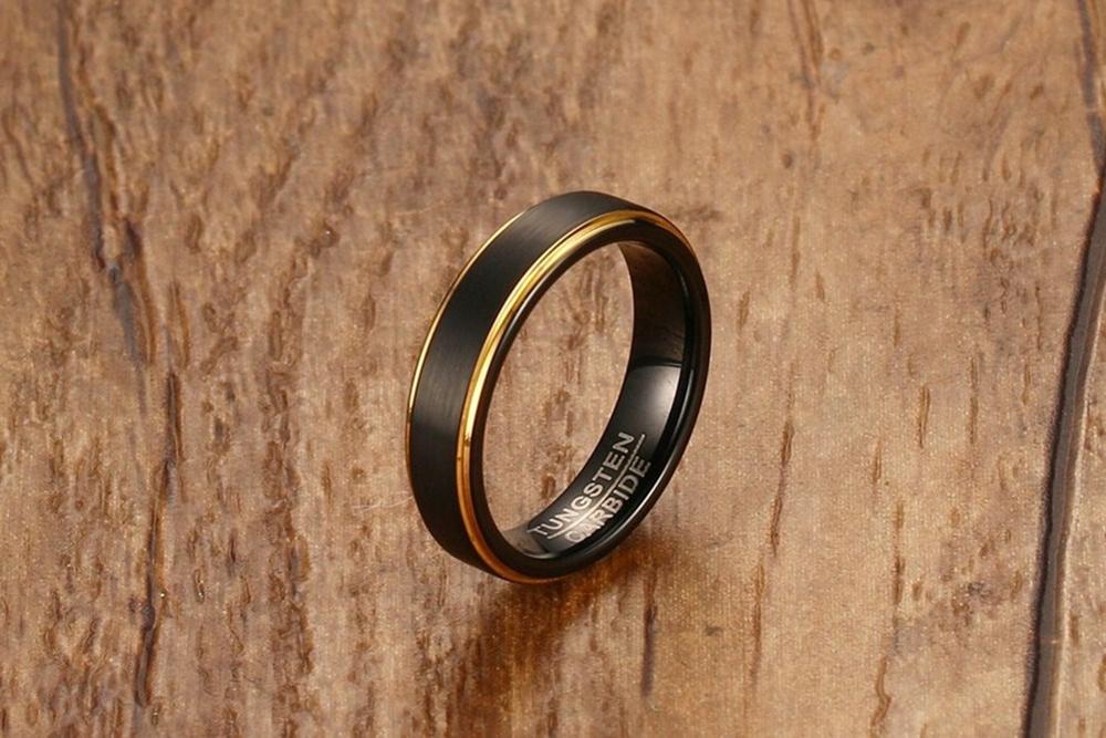 POYA 5mm Black Tungsten Ring Mens Womens Wedding Band with Frosted Gold Edges Comfort Fit