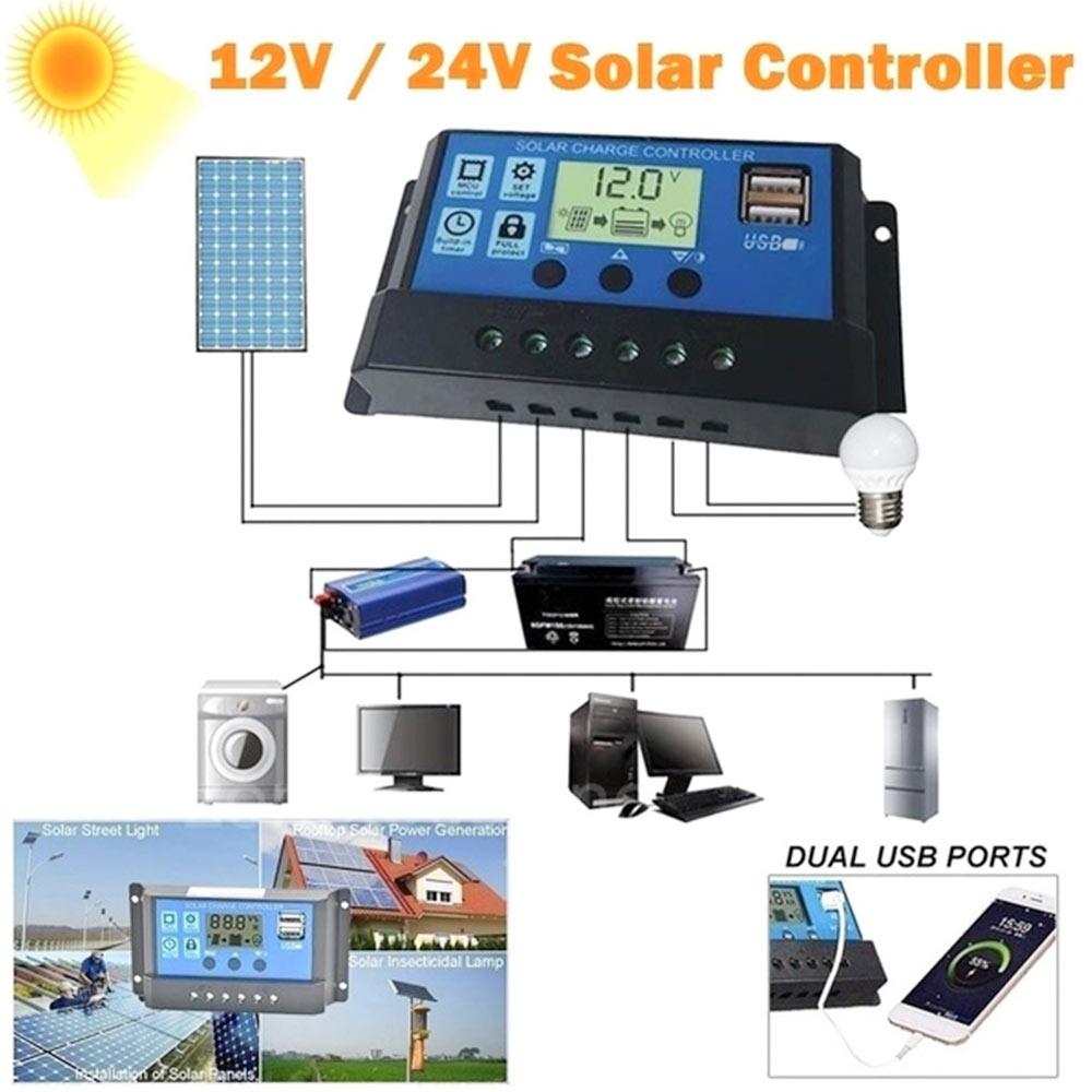 12/24V Dual Usb Solar Laadregelaar Boot Pwm Lcd Home Solar Controller 5V/1.2A