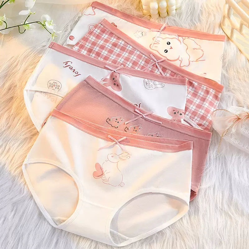 5 uds. Calzoncillos con estampado bonito para chicas jóvenes, bragas de algodón, ropa interior transpirable para mujeres, calzoncillos sexis de tiro bajo para mujeres, lencería femenina: XL / Beige