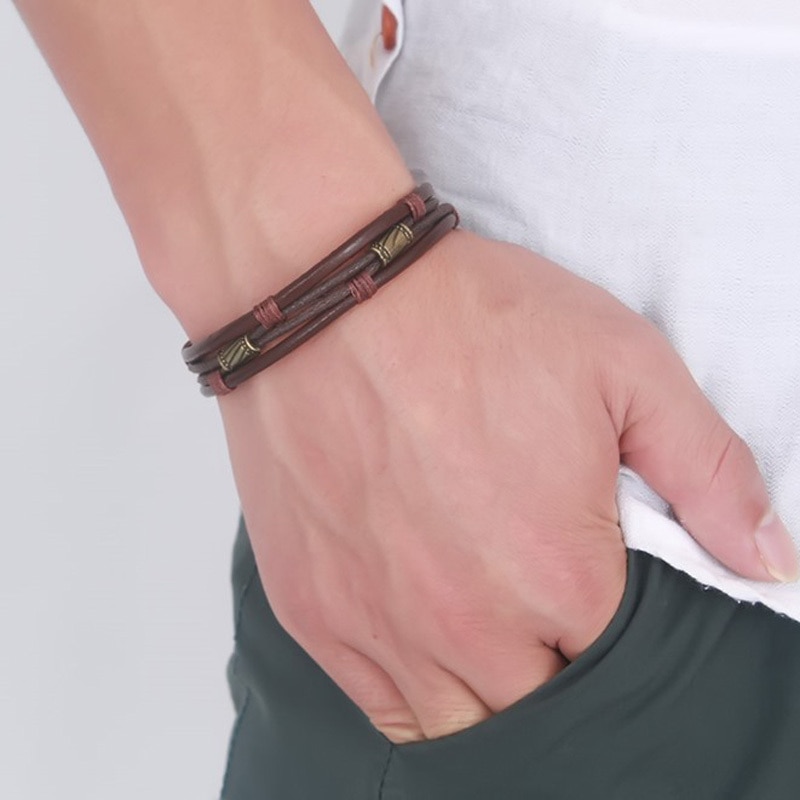 Mannen Multilayer Touw En Ketting Lederen Armband Met Messing Charme Voor Mannen Tribal Polsband Armband Bruine Mannelijke Sieraden 8.6 inch