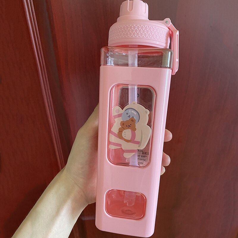 Kawaii Bär Pastell Wasser Flasche Mit 3D Aufkleber 700ml/900ml Kunststoff Reise Tee Saft Milch Tragbare Nette Shaker Trinken Flasche: Rosa 1 / 900ml