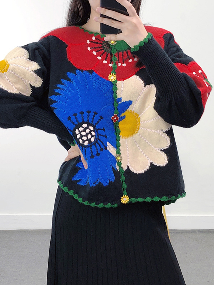 Khalee yose boho blomstret strikket sweater cardigan tyk blomst sort farverig efterår vinter kvinder sweatere kvinder dame cardigans