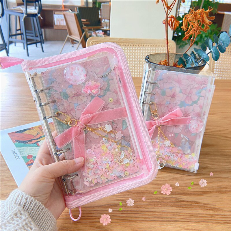 Kawaii Transparent A6 Sakura Zipper Binder Diary Notebook Set Journal Note Book Cherry Blossoms Binder Journals Book Stationery