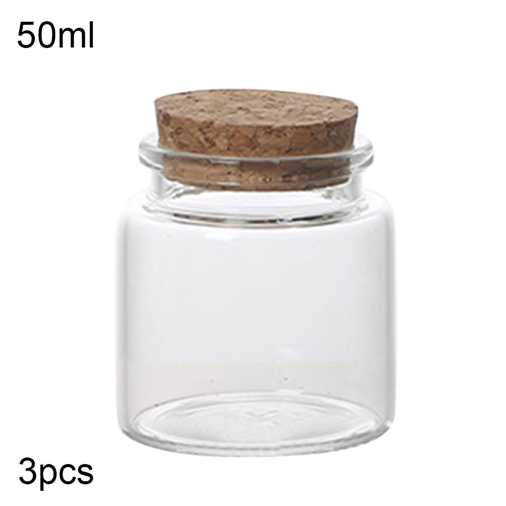 3Pcs 50/60/90/100/120/150ml Transparent Cork Stopper Glass Bottles Jar Vials: 50ml