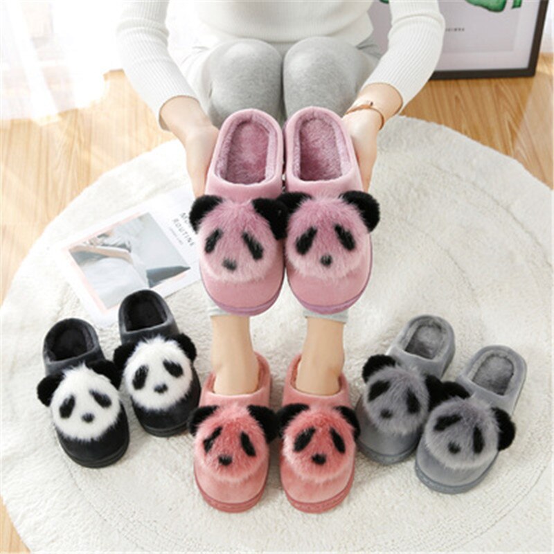 Winter dames schuiven aan korte pluche warme pantoffels cartoon animatie panda dames pantoffels dames binnenhuis platte comfortabele schoenen