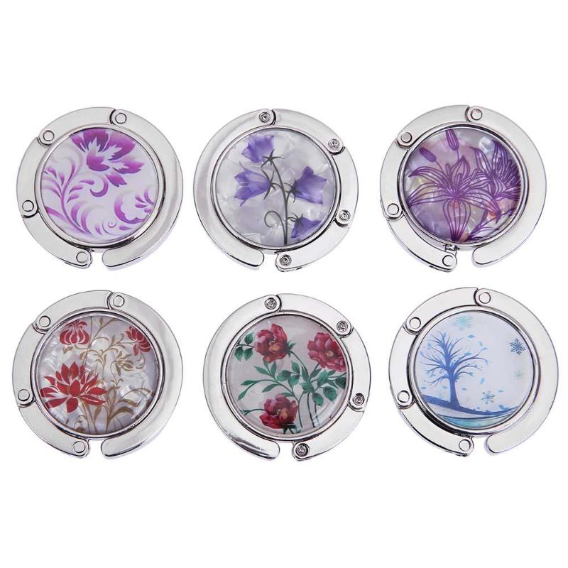 Gancho Metálico Redondo y Plegable para Colgar en la Mesa, 1 Unidad, Soporte con Dibujo de Flores y Aleación de Cristal, Colgador en Suspensión Portátil para un Objeto o para Bolso de Mano