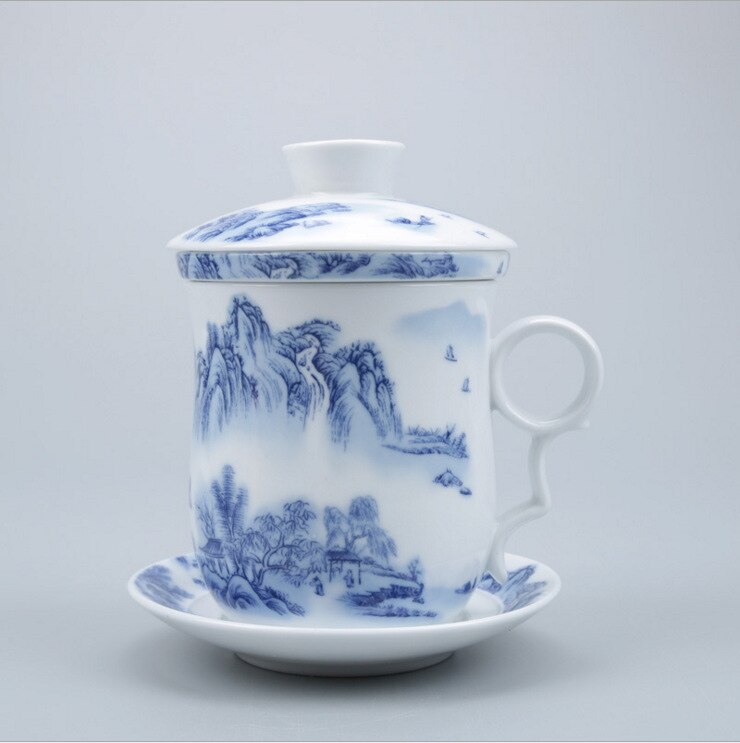 Cuatro juegos de tazas de té de cerámica filtrada, tazas de té y tazas de beber decoración de granja Gaiwan decoración de la habitación de porcelana azul: E