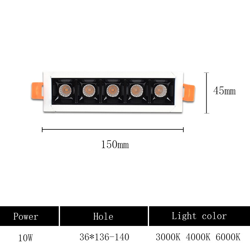 Tira LED Downlight lámpara de techo de rejilla rectangular empotrada 4W 10W 20W 30W AC85 ~ 265V, foco LED para tienda de Decoración de casa: 10W / Pure white