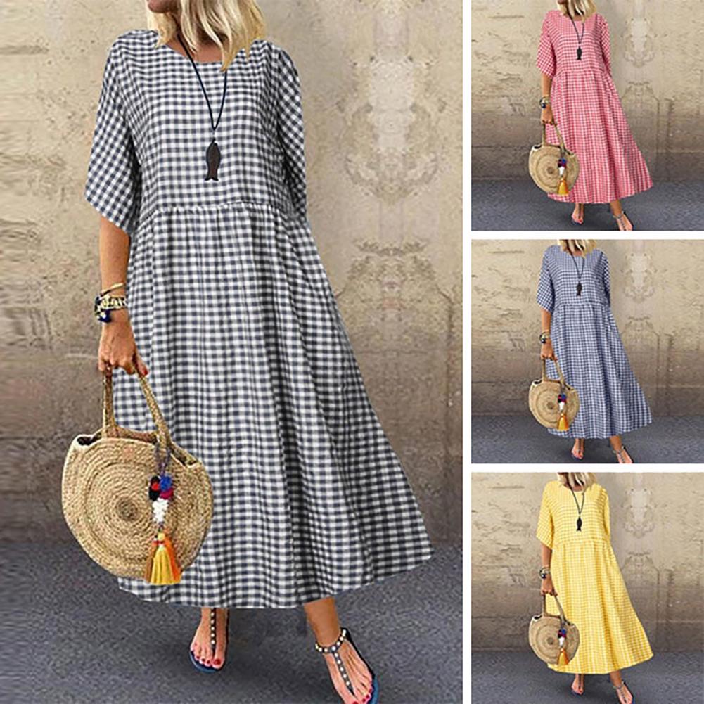 Short Sleeve Dress Stylish Check Print Maxi Dress for Women A-line Silhouette Short Sleeves Pleated for Commuting Dating