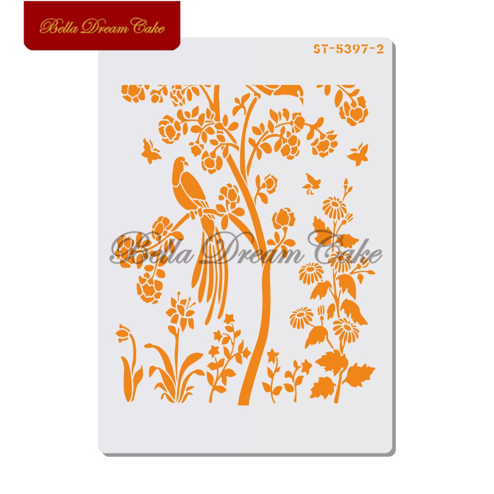 2pcs/set Birds&amp;Flower Cake Stencil Chinoiserie Wall Stencils for DIY Home Decor Scrapbooking Painting Drawing Stencils Template