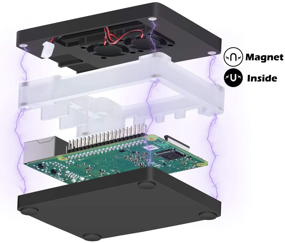 Raspberry pi 4b caso magnético 3 camadas arcylic painéis com duplo ativo ventilador de refrigeração dissipador de calor para pi 4 modelo b, preto e claro