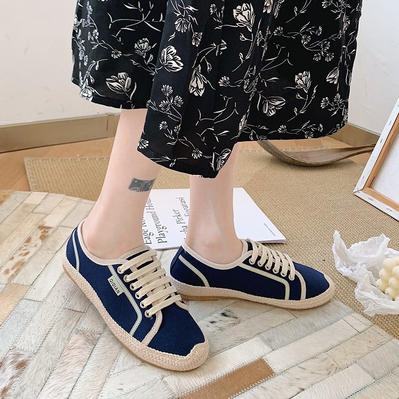 Frauen Spitze-hoch Espadrilles Lässig Herde Plattform Turnschuhe NäHenne Keile Schuhe für Frauen Flache Spitze-hoch Runde hanf: Blau / 40