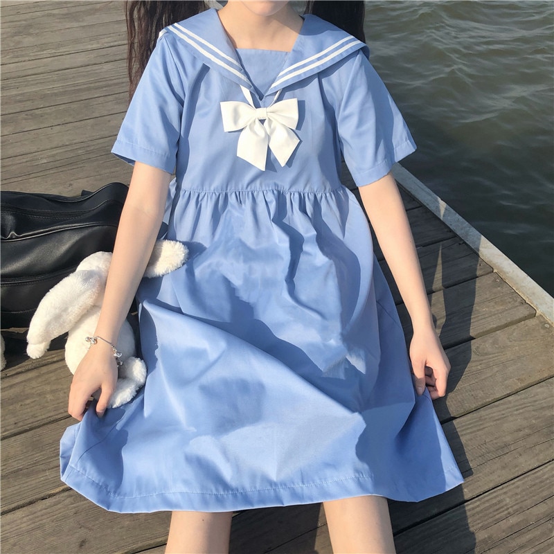 Rok vrouwelijke zomer koreaanse effen dunne lange jurk schooluniform japanse matrozenjurk schooljurk