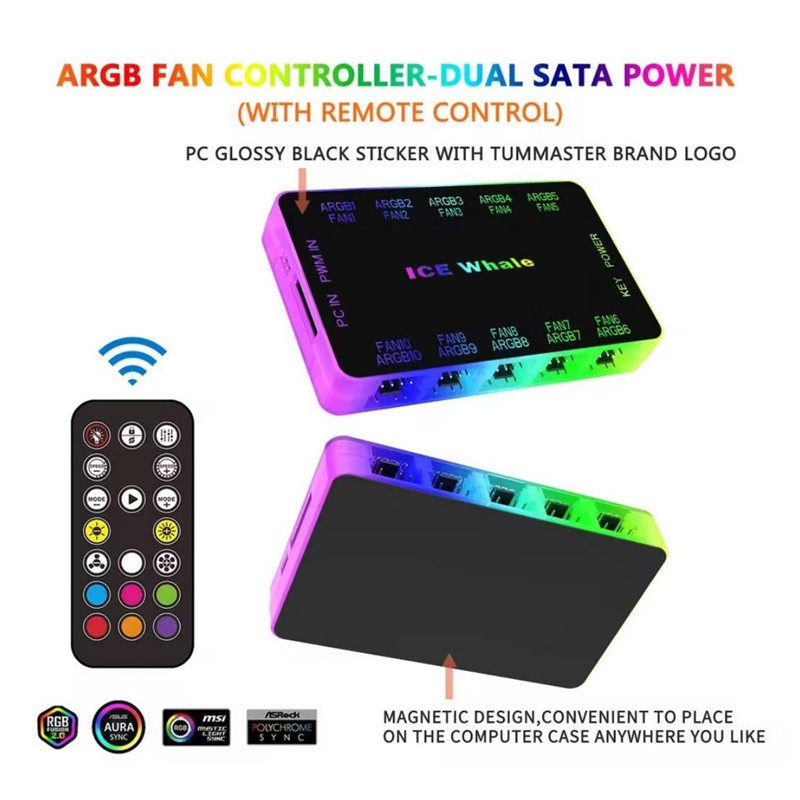 ICE Whale C10 1 to 10 PWM&ARGB Case Fan Hub Splitter 4Pin PWM 3Pin Addressable ARGB SATA Power Interface With Remote control