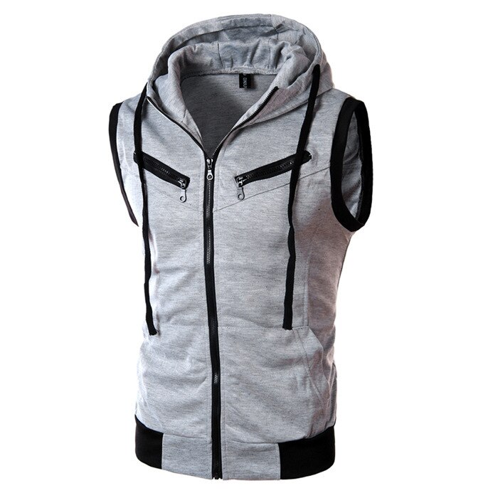 gilet hommes solide pulls à capuche sans manches Cardigans veste automne printemps Zipper poches hommes gilet décontracté gilet hauts: Gris / XL